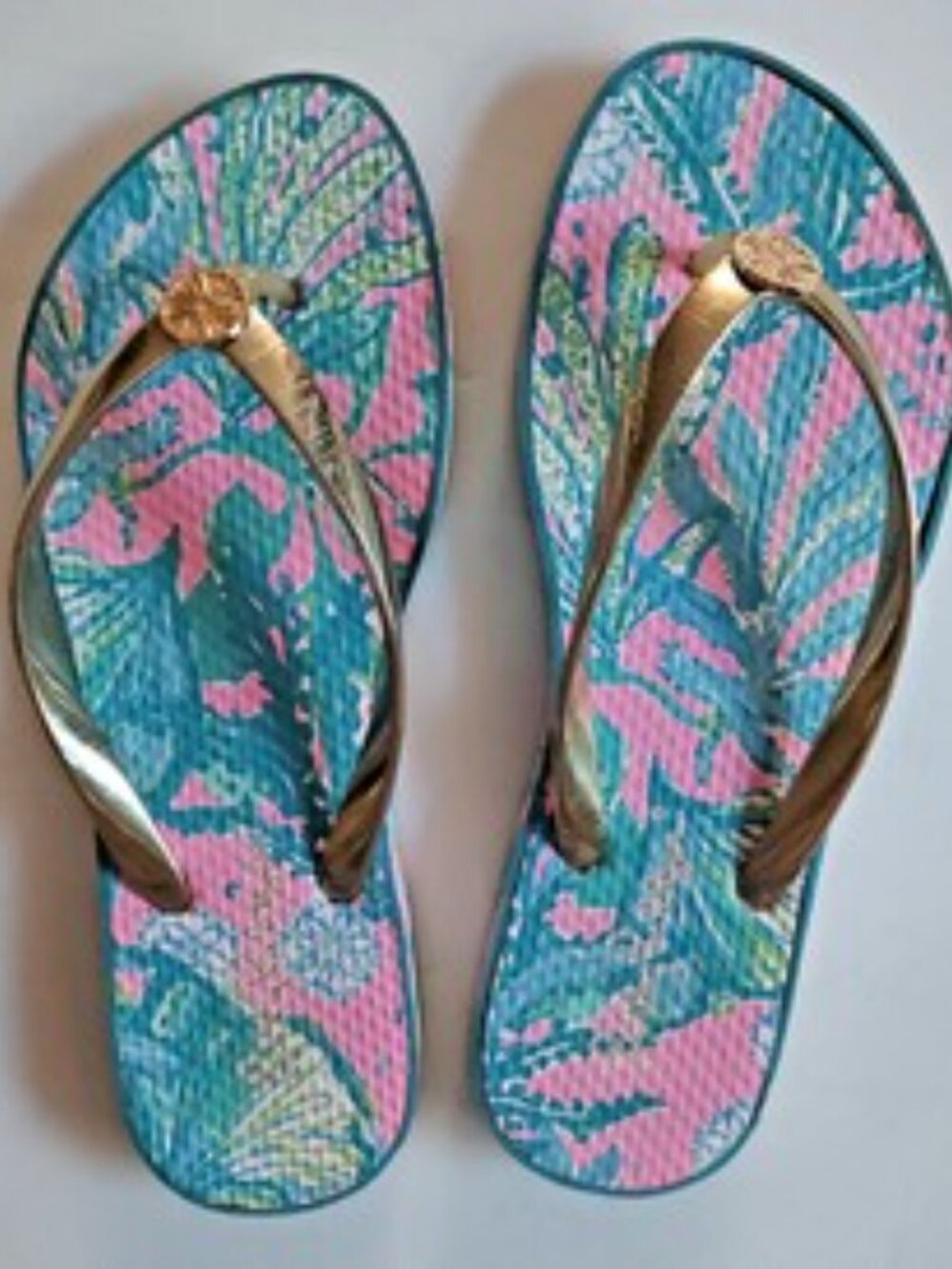 LILLY PULITZER Colorful Pink Aqua Green Pool Print Flip Flops Size 9